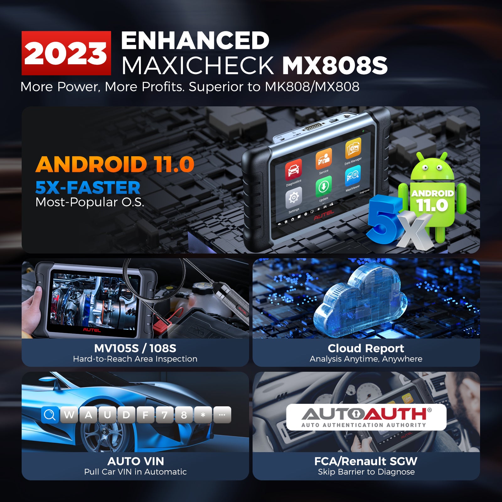 Autel MaxiCheck MX808S Car Diagnostic Scan Tool All System Diagnoses, Active Tests, 28+ Services FCA AutoAuth 2 Year Free Update