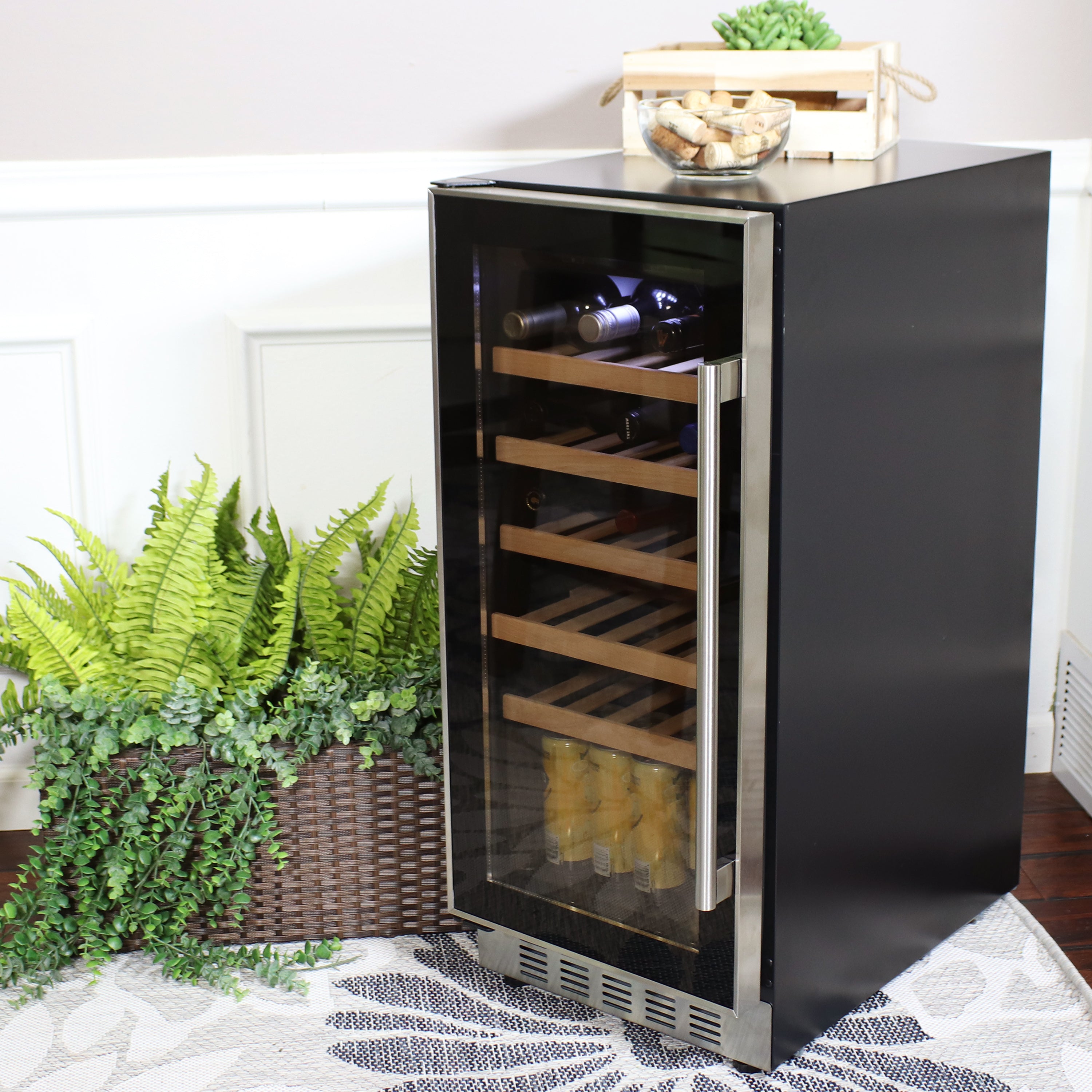 Sunnydaze Decor ATN-717 33 Bottles Slim Stainless Steel Beverage Refrigerator with Wooden Shelves - Black
