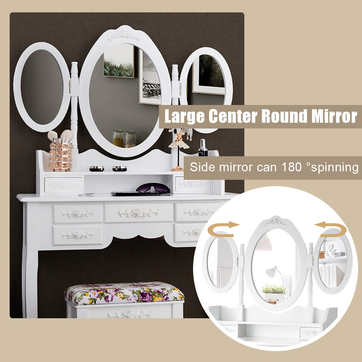 Great Choice Products Vanity Makeup Set Tri-Folding Mirror Dressing Table Stool Set 7 Drawer Bedroom