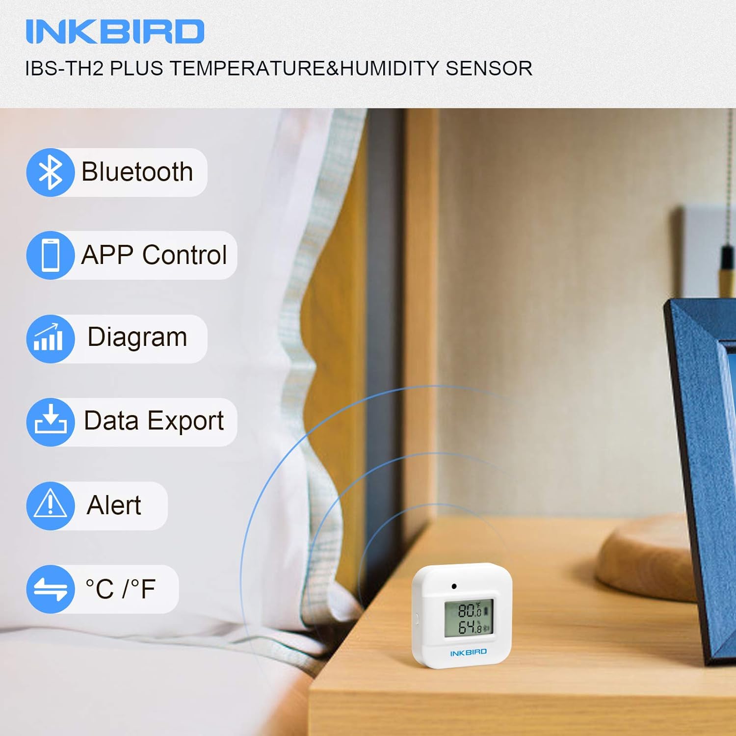 Generic Inkbird Smart Thermometer Temperature and Humidity Monitor Hygrometer Indoor, Free APP for iOS and Android, IBS-TH2 Plus Versio