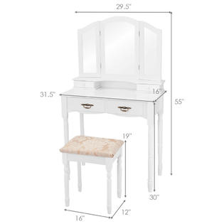Gymax White Tri Folding Mirror Vanity Makeup Table Stool Set Home Furni W/4 Drawers