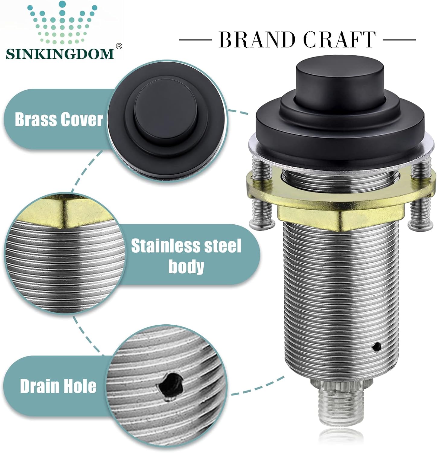 SINKINGDOM SinkTop Air Switch Kit (Long Full Brass Button) for Garbage Disposal, Cordless (Matte Black)