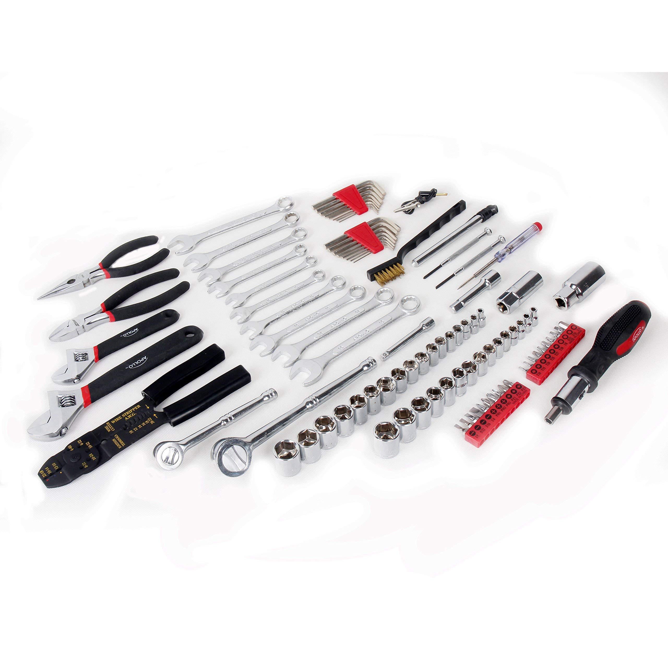 apollo tools 95 piece mechanics tool set with sae and metric socket sets and mechanic tools needed for small engines, boats,