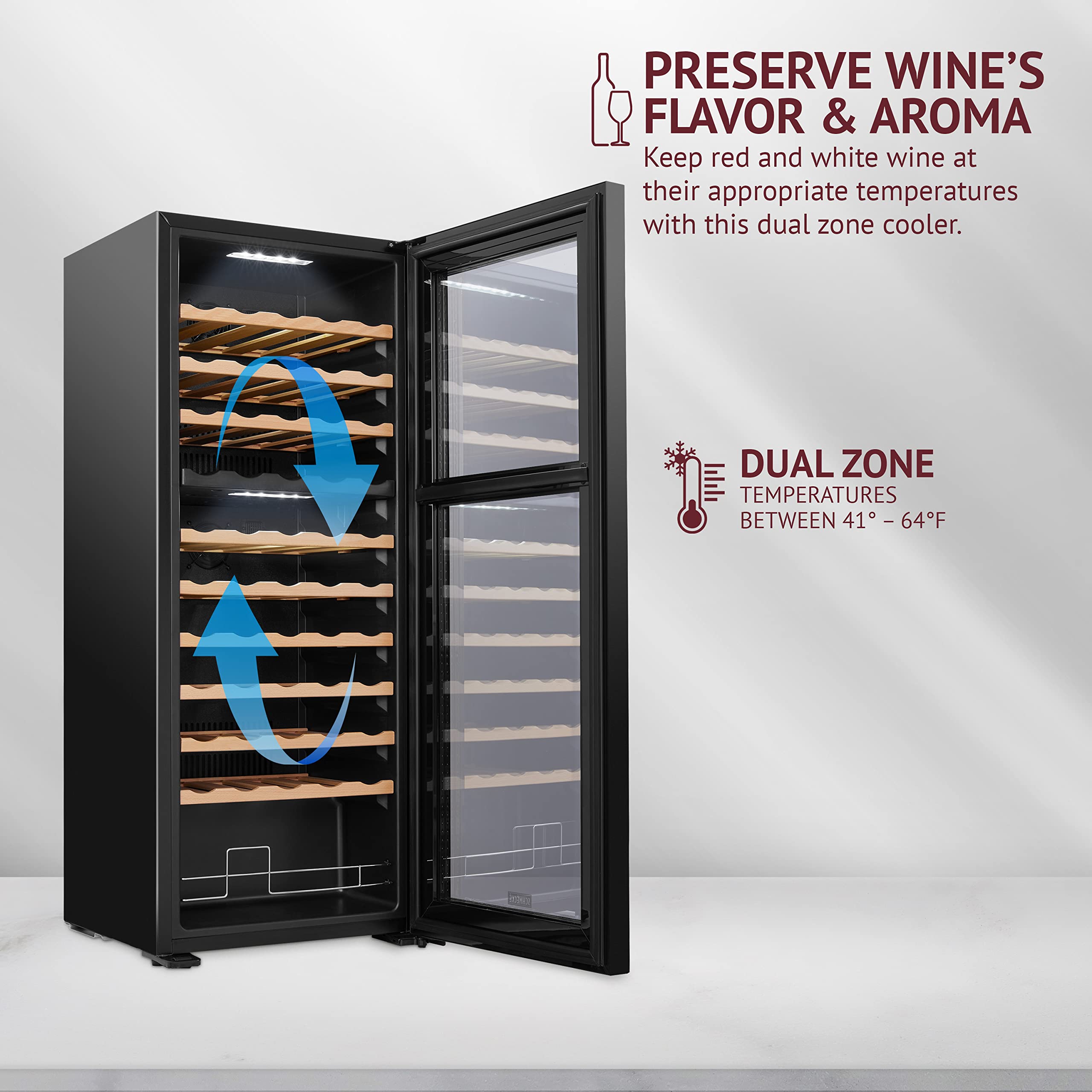 Schmck Schmecke 55 Bottle Dual Zone Wine Cooler Refrigerator | Large Freestanding Wine Cellar | 41f-64f Digital Temperature Control Win