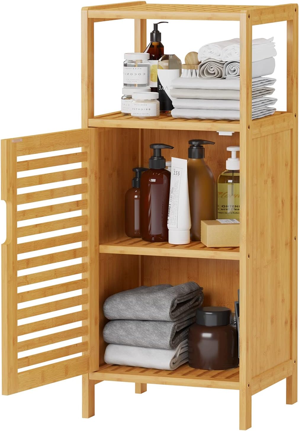 Viagdo Bamboo Cabinet, Bathroom Storage Cabinet with Single Door and Shelf, Freestanding Bathroom Cabinet, Kitchen Cupboard, Sofa Side