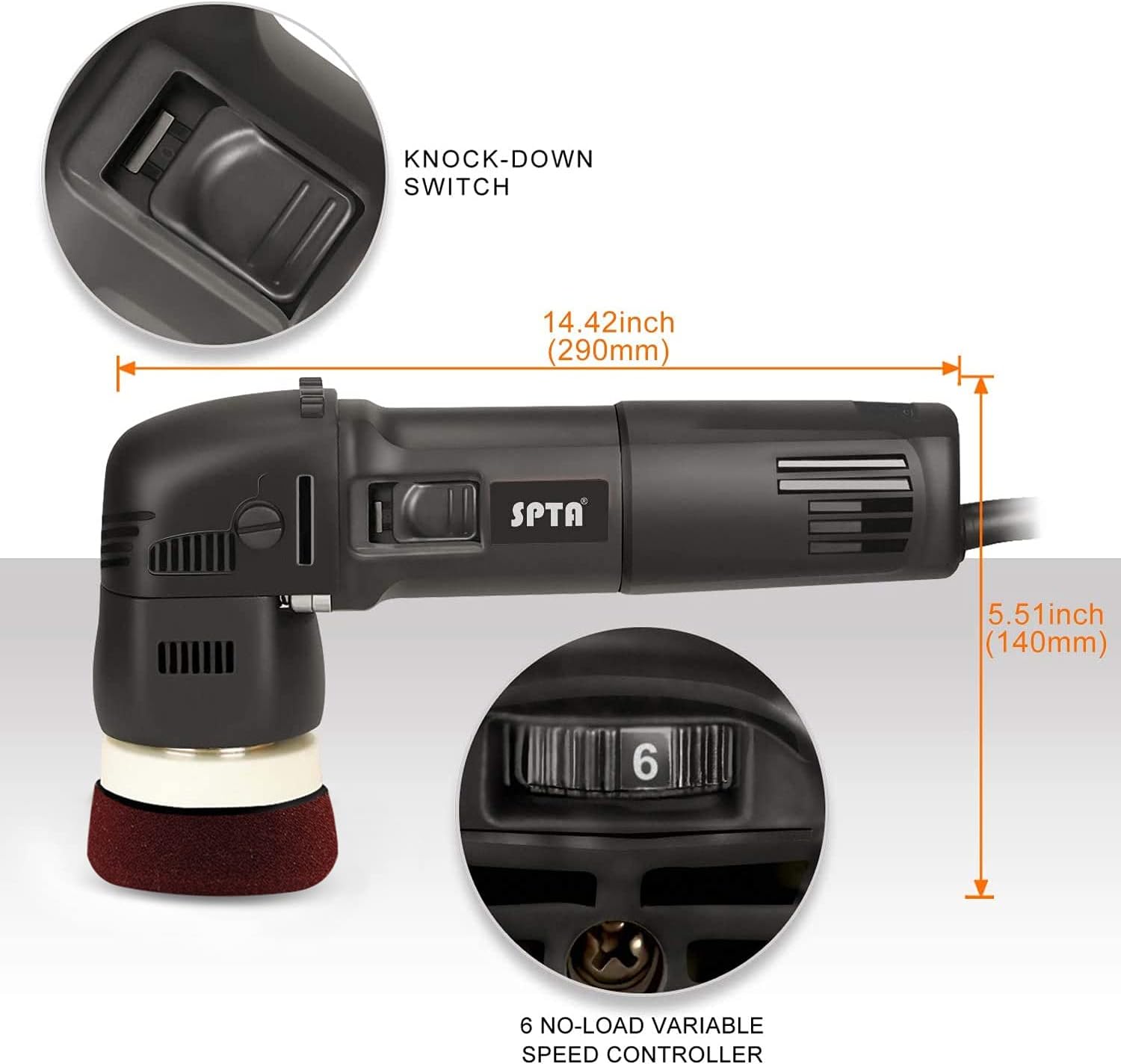 SPTA Buffer Polisher, Orbital Car Polisher 3 Inch 10mm/780W Variable Speed Orbit Dual Action Polisher Auto Detailing Tools with DA P