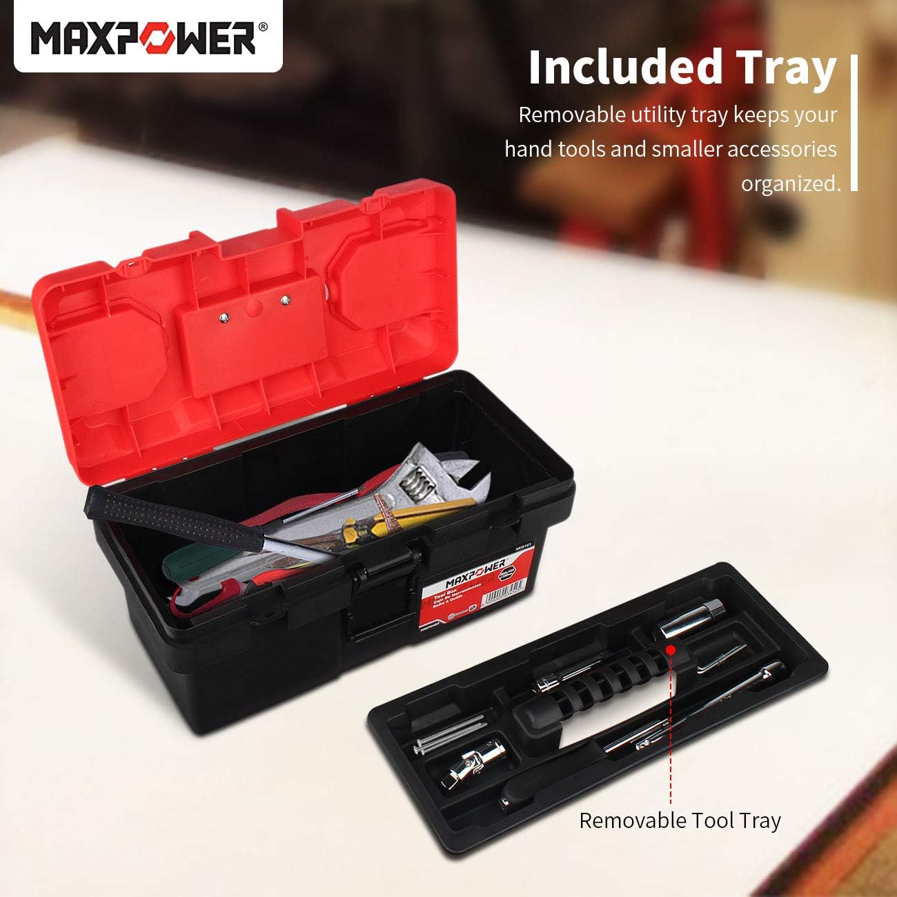 Maxpower Tool Box 14-inch Plastic Small Tool Boxes with Removable Tray with Dual Lock Secured, Red