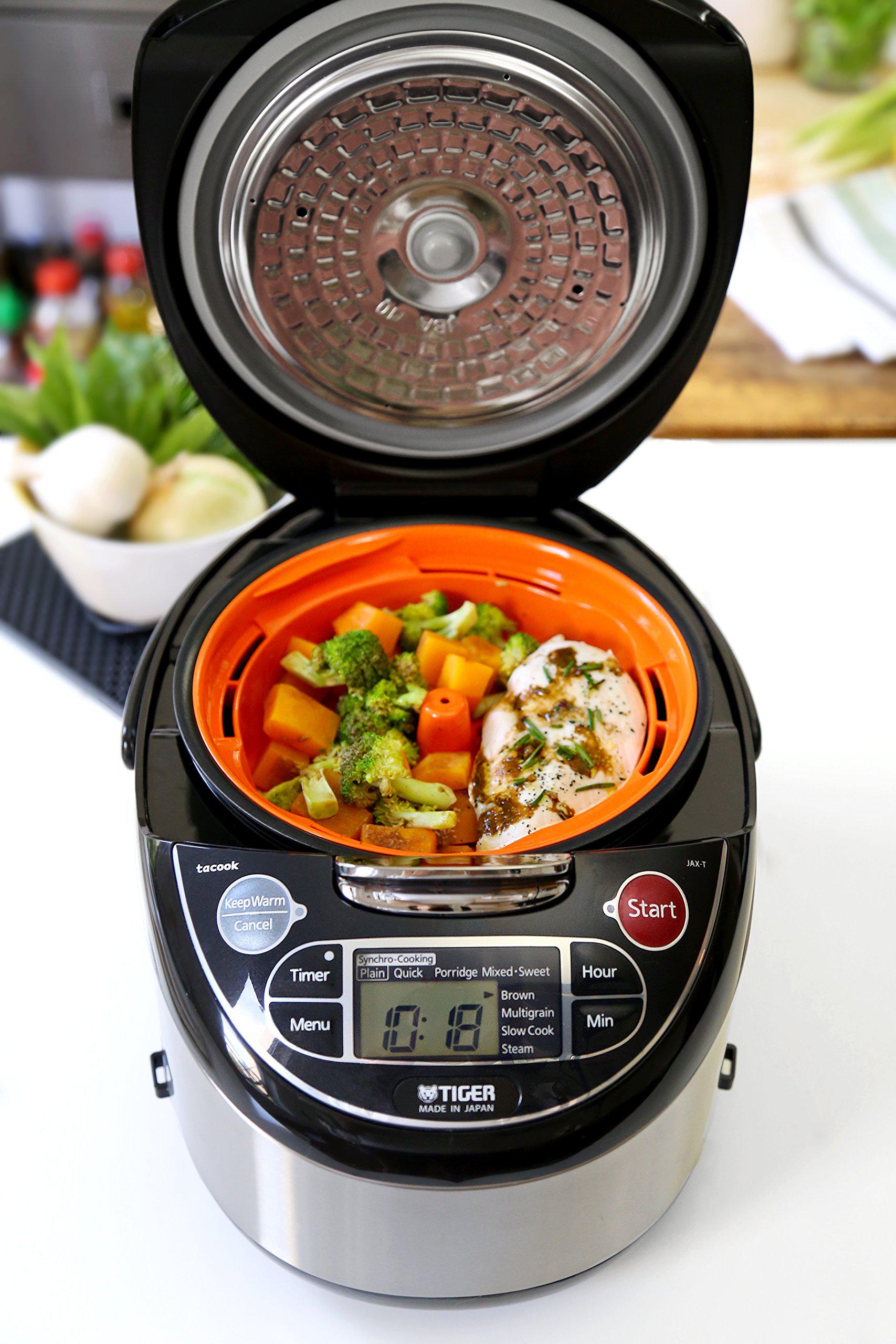 tiger jax-t18u-k 10-cup (uncooked) micom rice cooker with food steamer &a; slow cooker, stainless steel black