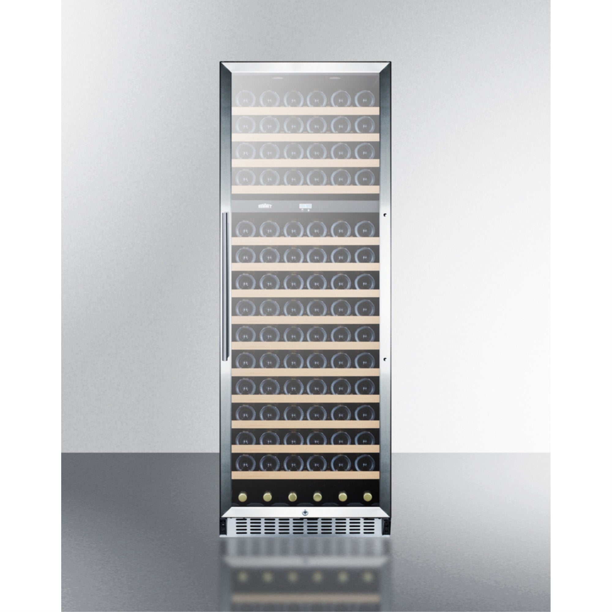 Summit 2-zone 160 bottle wine cellar with glass door, digital thermostat, and stainless steel wrapped cabinet
