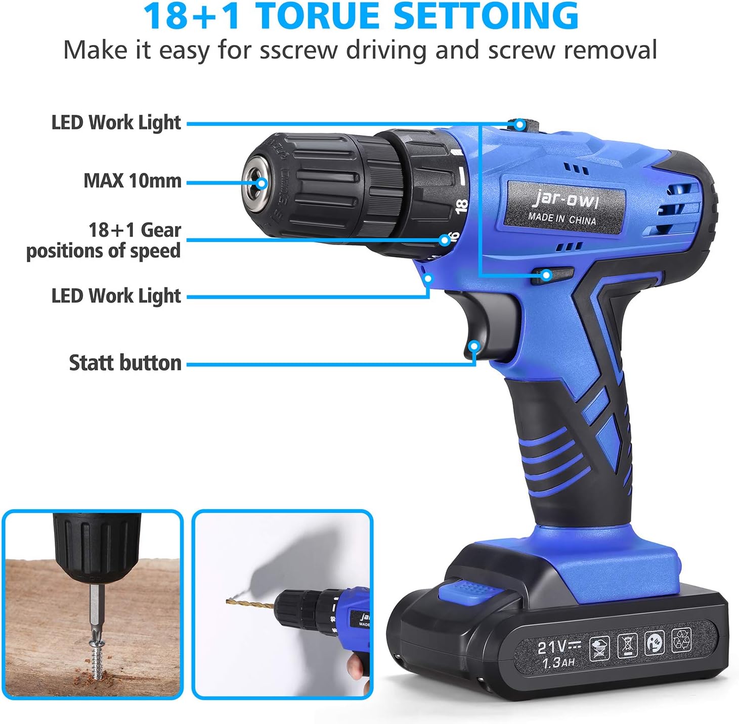 jar-owl Power Tools Combo Kit, Tool Set with 21V Cordless Drill Set and Hand Tools 53Pcs Accessories for Home Repair Tool Kit -
