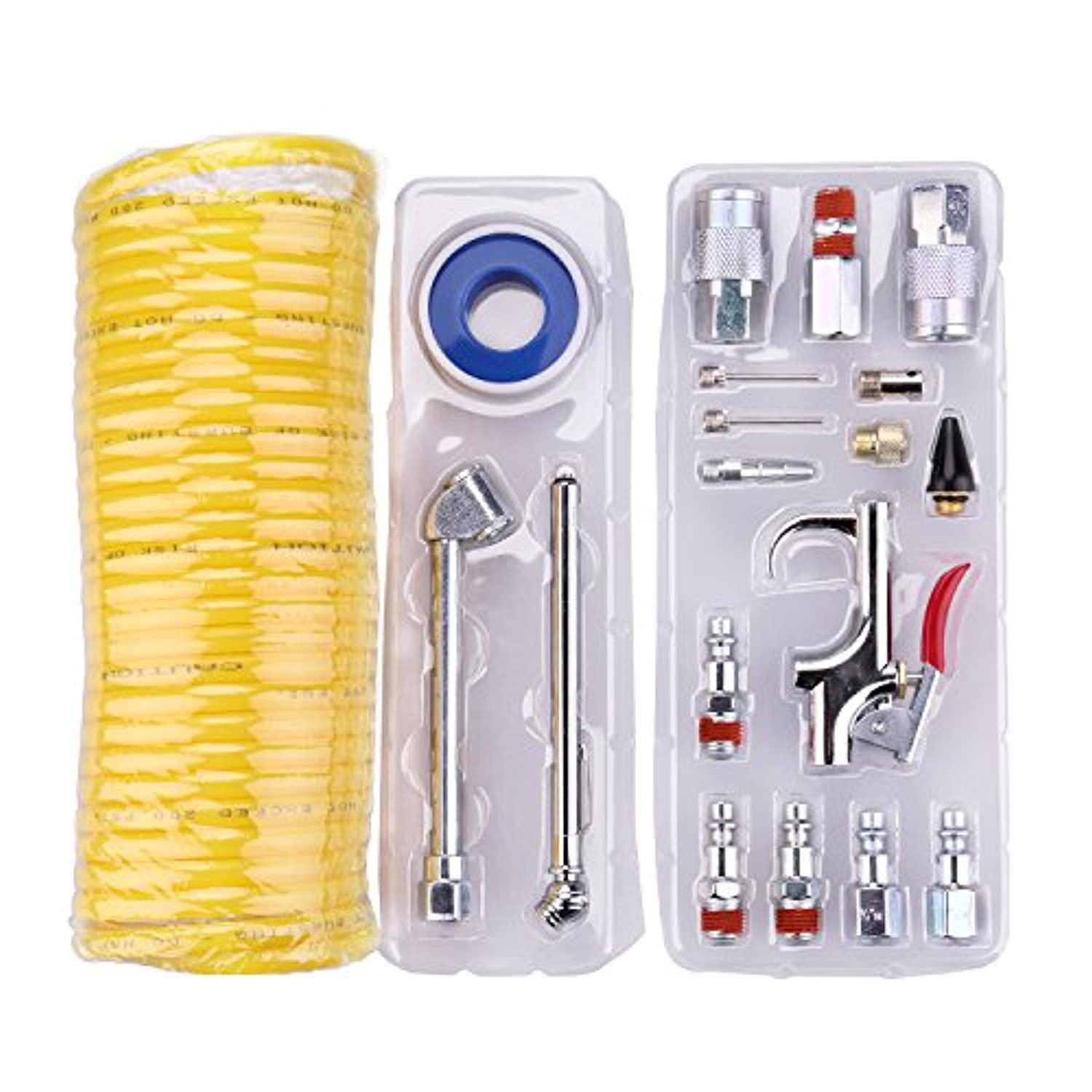 wynnsky air compressor kit, 1/4 inch npt air tool kit with 1/4 inch x 25ft coil nylon hose/tire gauge - 20 pieces