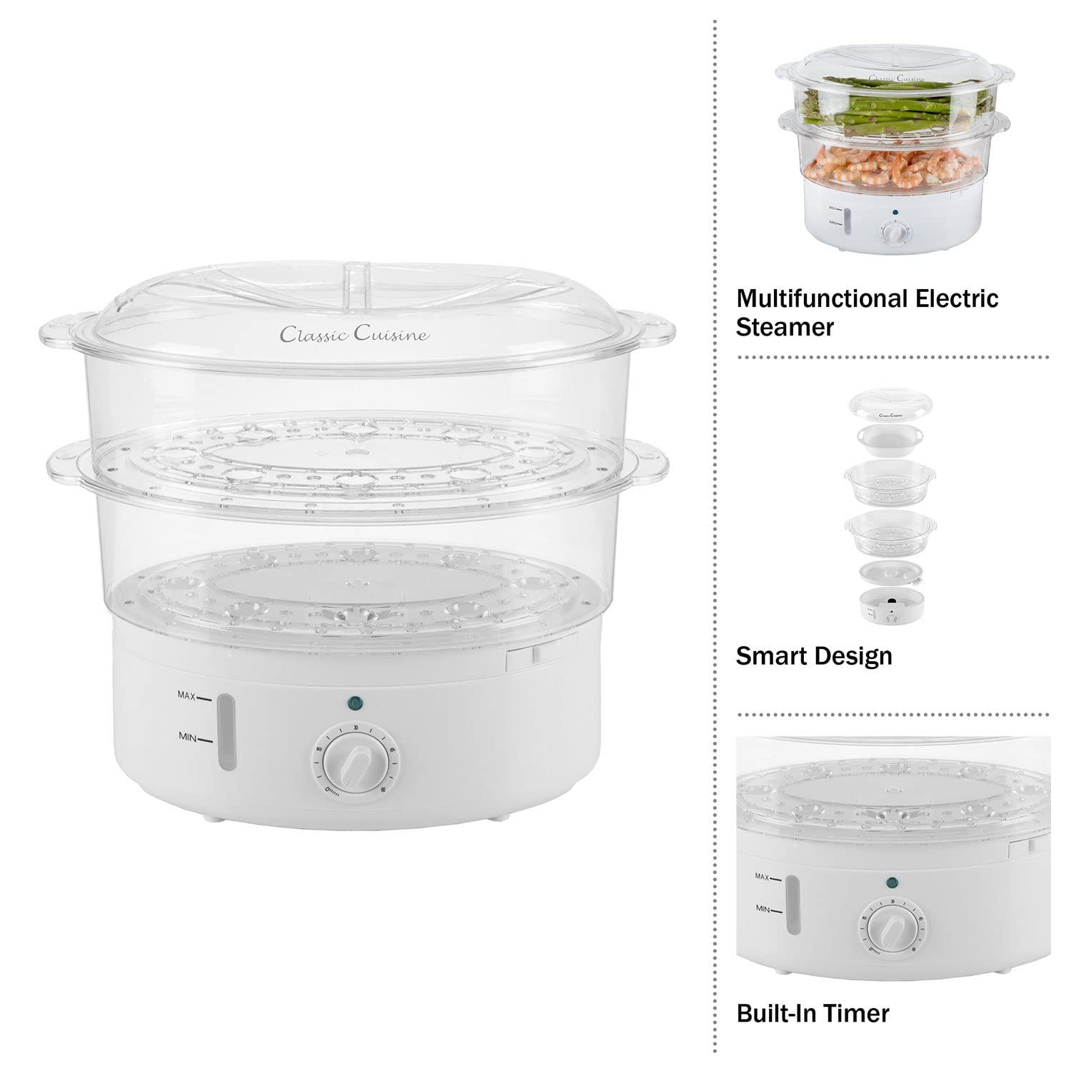 classic cuisine food steamer and rice cooker in one, two-tier food steamer for healthy meals anytime, cooks vegetables, fish,