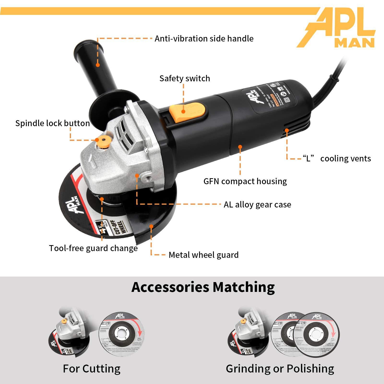 aplman angle grinder tool ,5-amp motor driver, 4-1/2 inch with 1 grinding wheels, 2 cut-off wheels,2 carbon brush and 1 wrenc