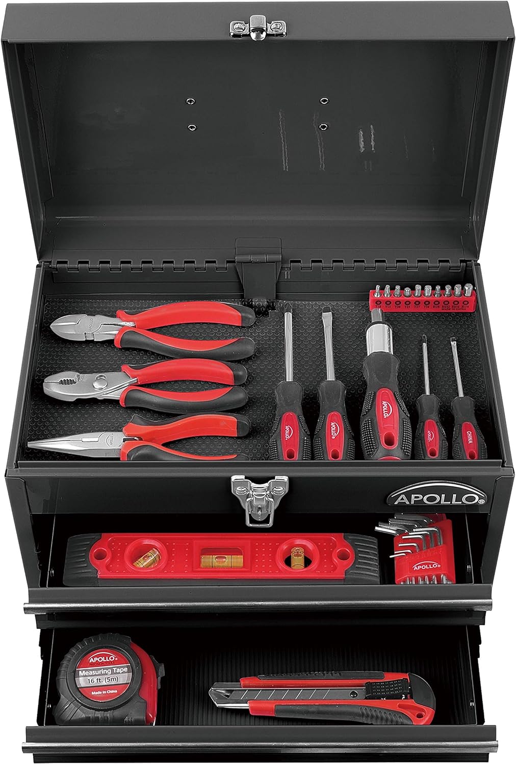 Apollo Precision Tools APOLLO TOOLS Black Metal Tool Box with Deep Top Compartment and 2 Drawers in Heavy-Duty Steel Chest With Ball Bearing Opening A