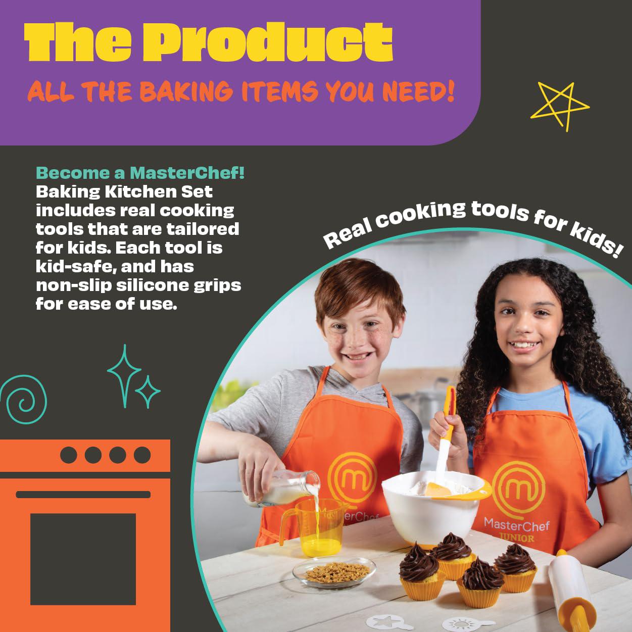 masterchef junior baking kitchen set for kids - 7 pc. kit includes real cooking tools for kids, mixing bowl, rolling pin, cup