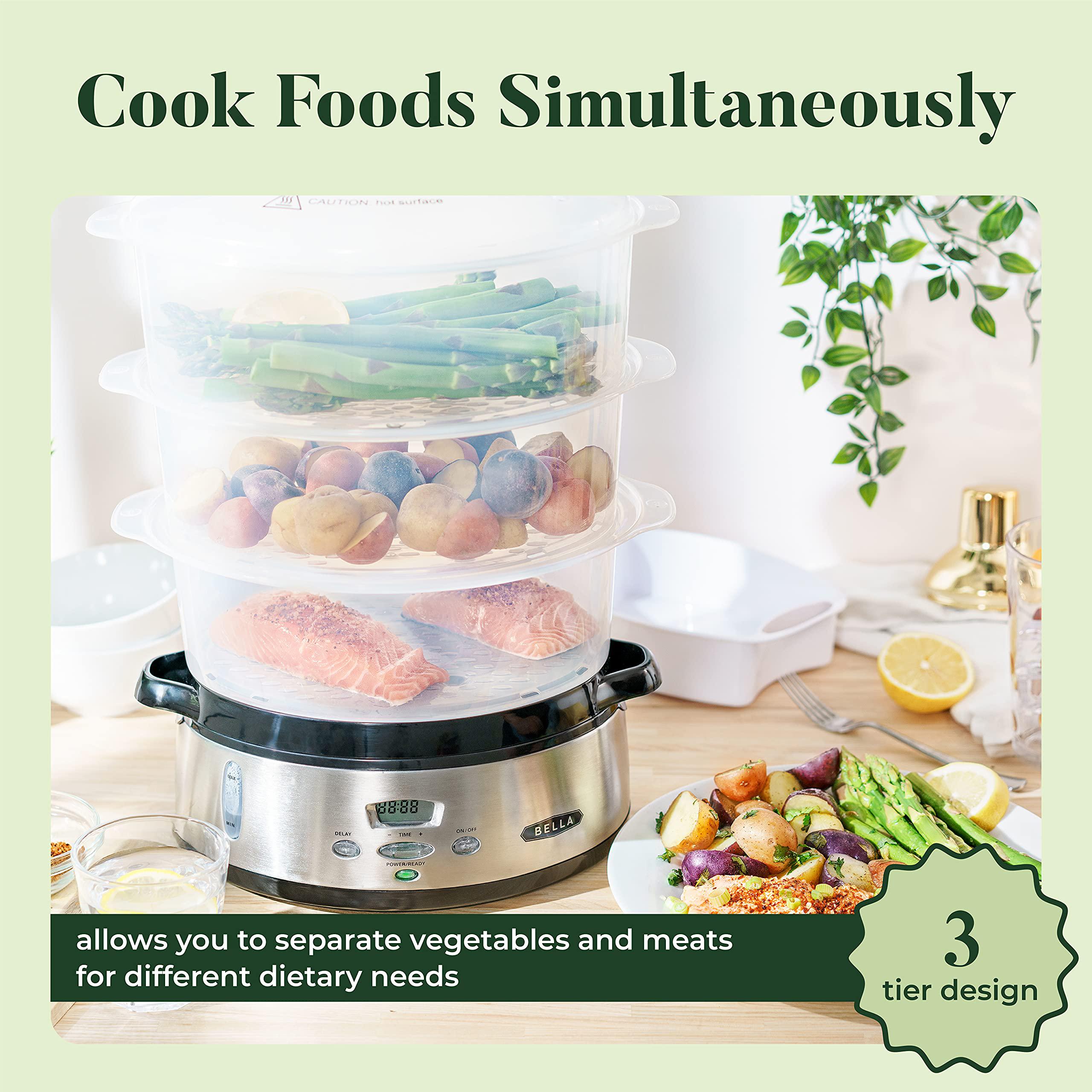 bella 9.5 qt triple tier digital food steamer, healthy fast simultaneous cooking, stackable baskets for vegetables or meats,