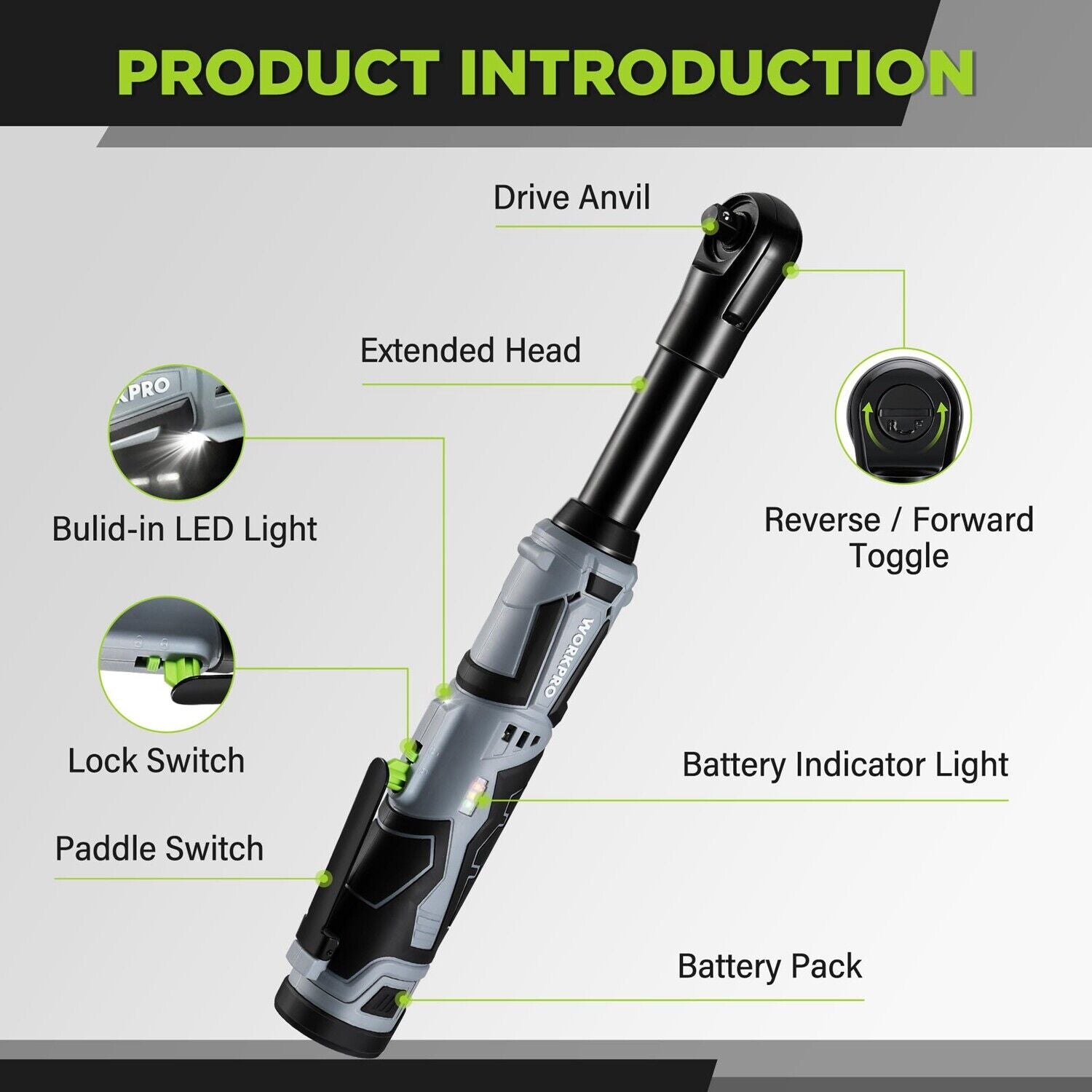 GCP Products Cordless Electric Ratchet Wrench Extended Head 3/8