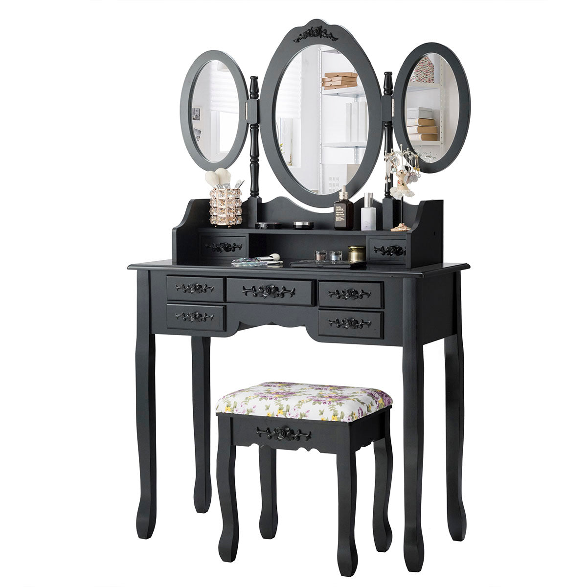 Topbuy Tri-Folding Mirror Vanity Makeup Set Dressing Table &a; Stool Unit w/ 7 Drawer