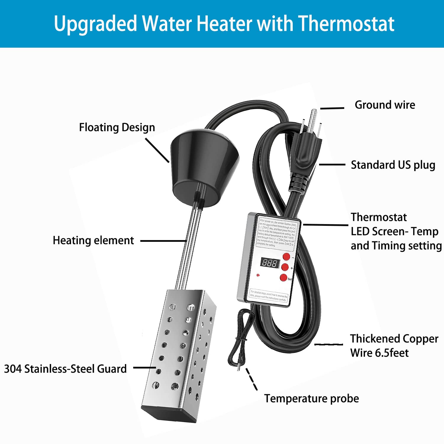 Generic IYUNP Immersion Water Heater with Thermostat - 1500W Floating Bucket Heater with Timing Temperature Control Setting Auto Shut-O