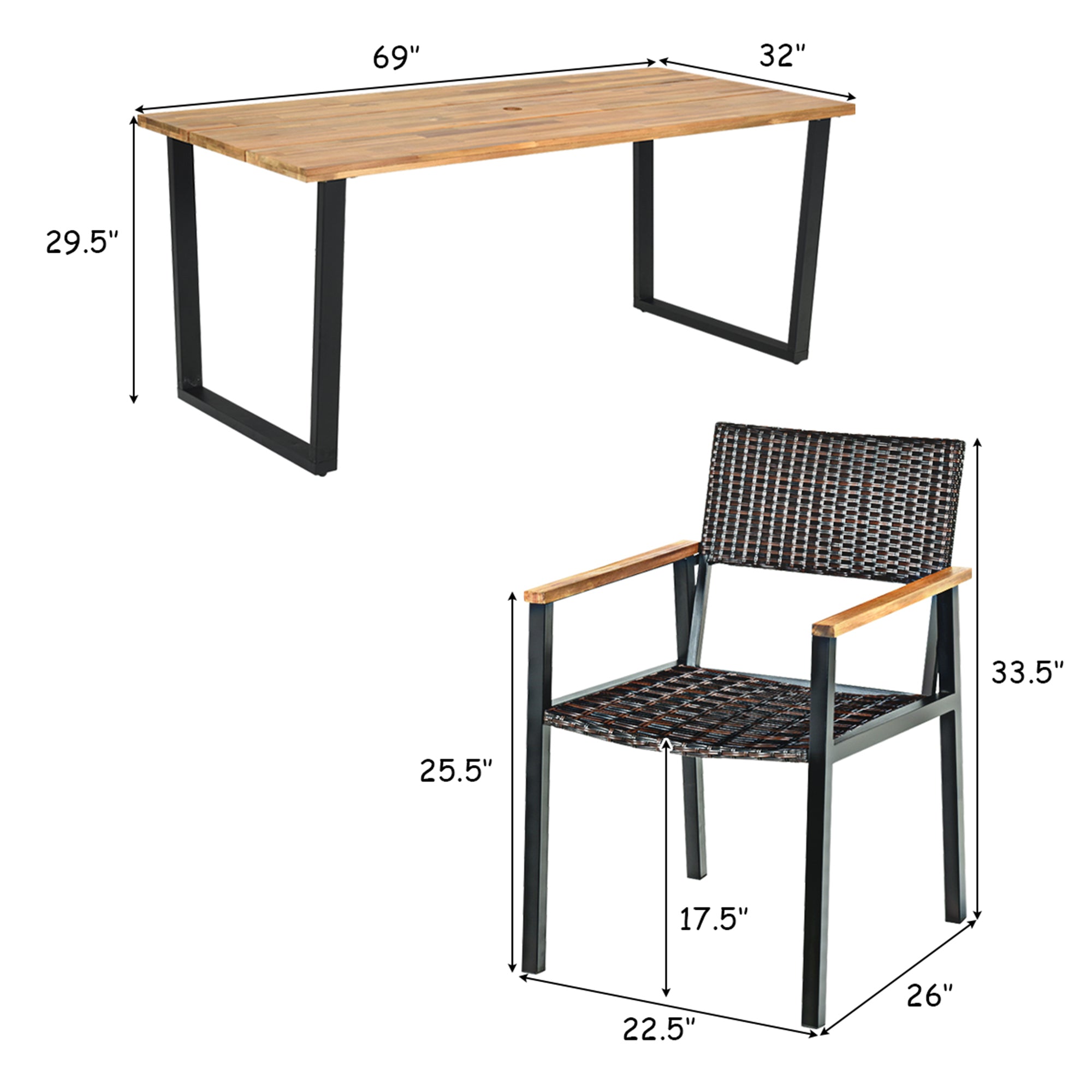Costway 7PCS Patio Rattan Patented Dining Chair Table Set Solid Wood Frame Umbrella Hole