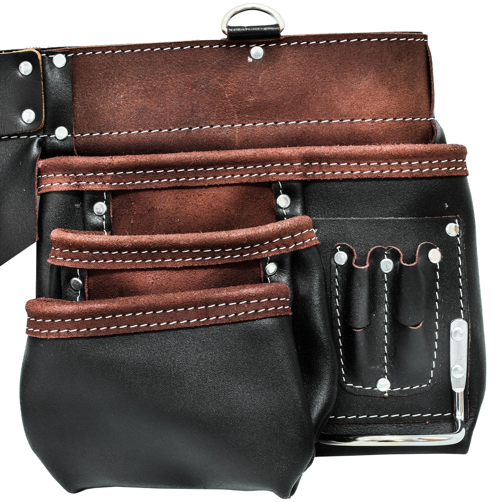 ToolTreaux Heavy Duty 13 Pocket Leather Tool Belt with 2 Steel Hammer Loops, Black Brown