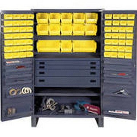GourmetGalley 14 Gauge Flush Style 12 Door Shelves Lockable Cabinet with 69 Red Hook on Bins &a; Adjustable Shelf &a; 4 Drawers&a;#44; Gray - 48 in.