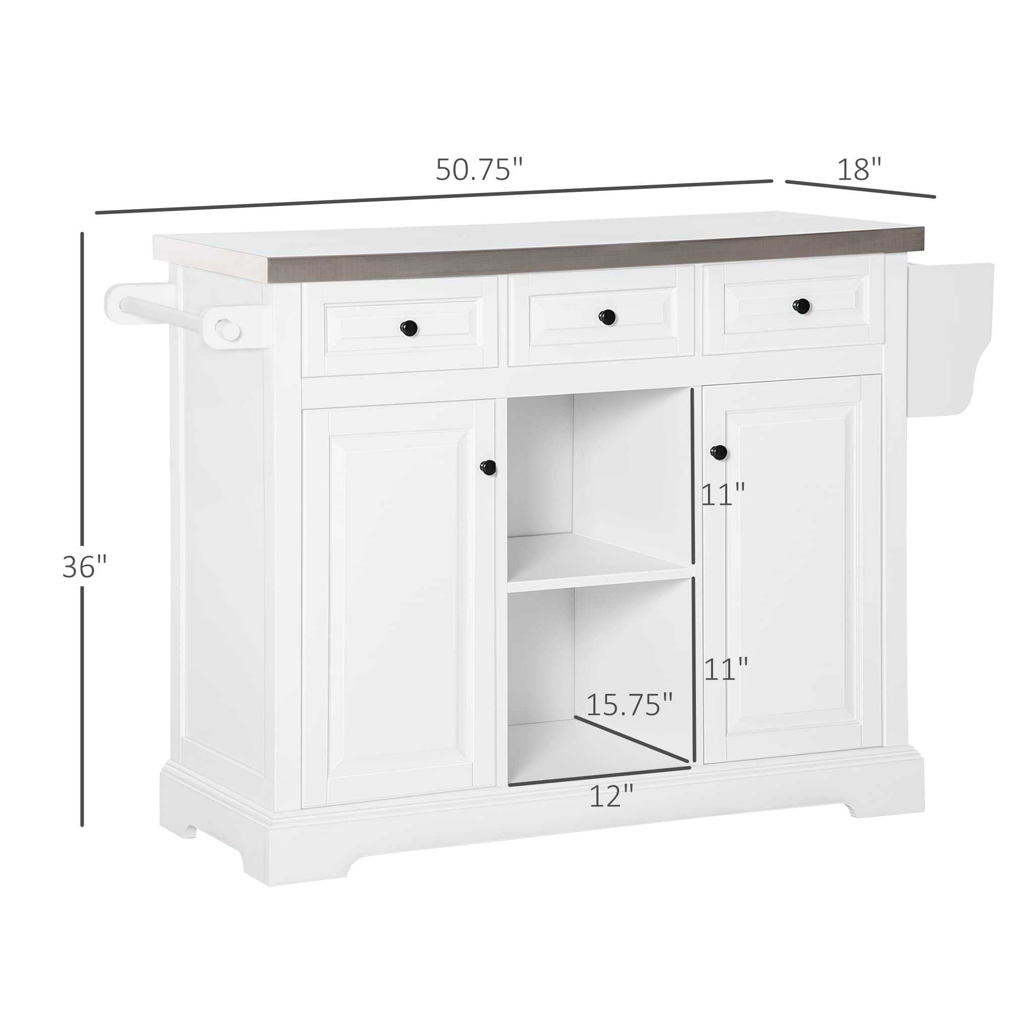 Homcom Rolling Kitchen Island With Storage, Kitchen Cart With Stainless Steel Top, Spice Rack &a; Drawers, White