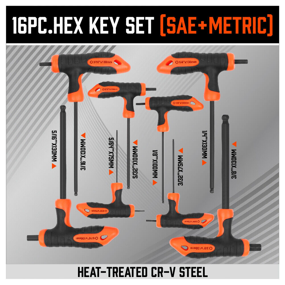 GCP Products 16Pc T Handle Allen Wrench Ball End Hex Key Set Metric Sae W/ Storage
