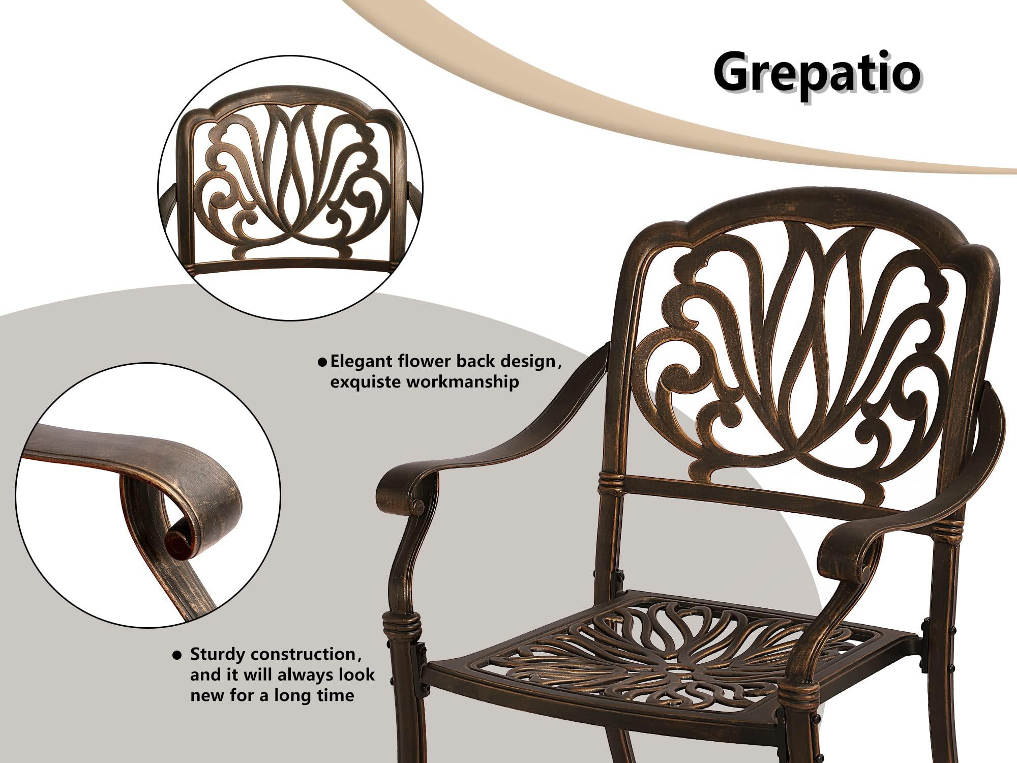 grepatio 2 piece outdoor cast aluminum dining chairs, modern patio bistro chair set of 2 patterned back chairs, antique bronz