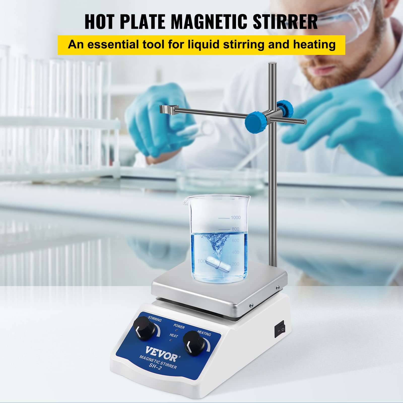 Happybuy Magnetic Stirrer SH-2 Heating Plate 1000ml Magnetic Stirrer Hot Plate 0-2000 RPM Magnetic Stirrer Kit 180W Heating Powe