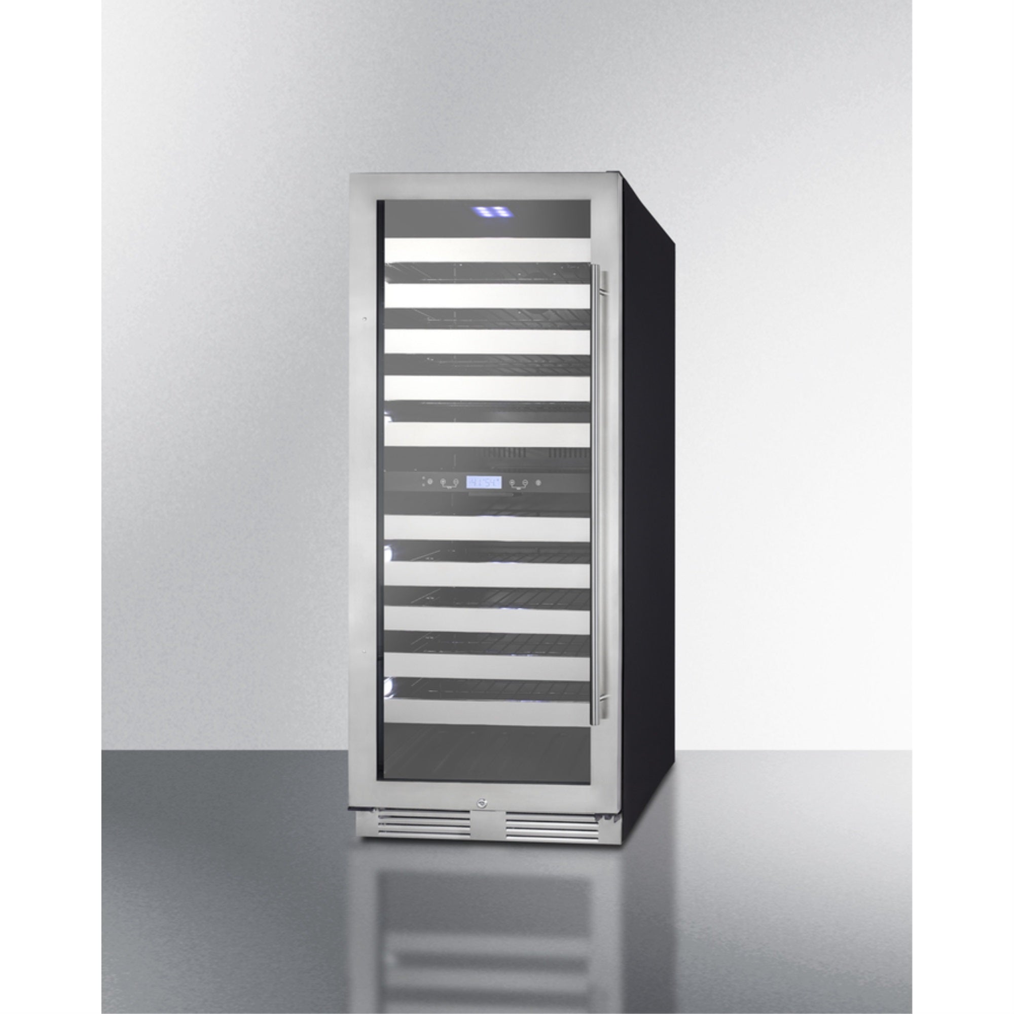 Summit Commercially approved dual zone wine cellar for built-in or freestanding use with seamless stainless steel door and full-exten