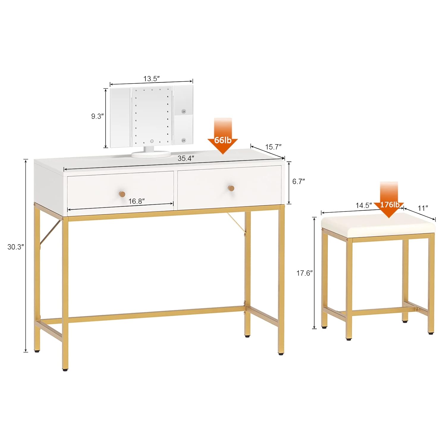 Great Choice Products Vanity Desk, Makeup Vanity With Stool &a; Tri-Fold Lighted Mirror, Vanity Table Set With 2 Large Drawers - White And Gold