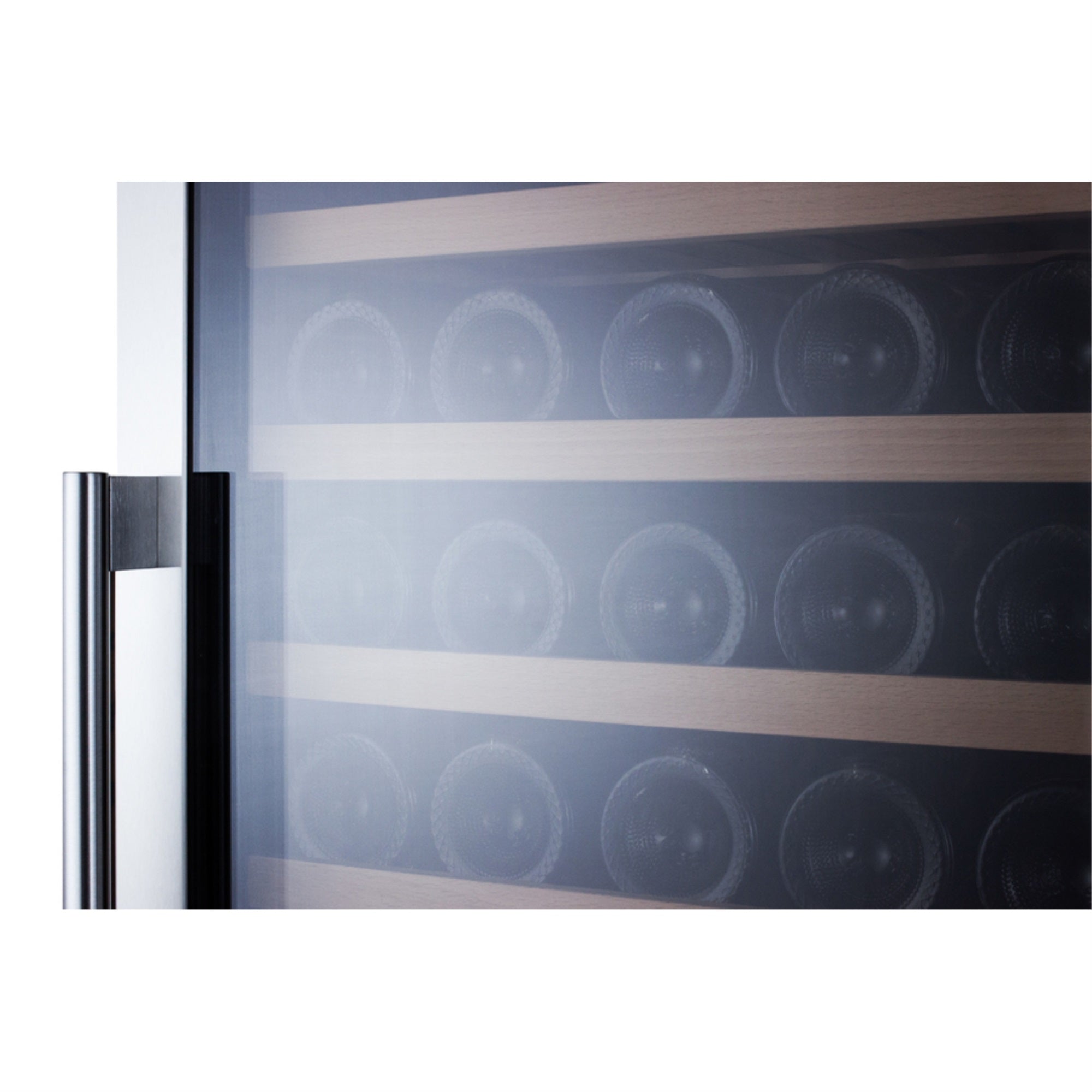 Summit 2-zone 160 bottle wine cellar with glass door, digital thermostat, and stainless steel wrapped cabinet