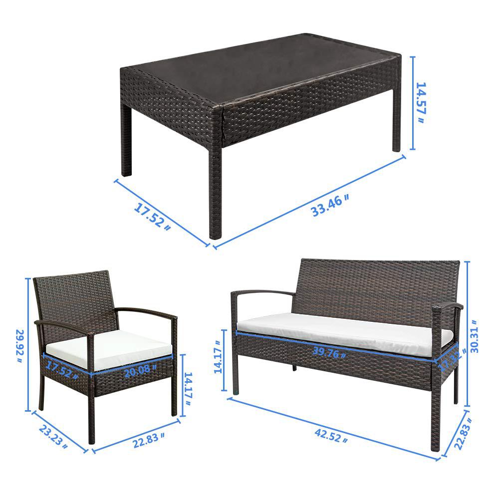 Spaco 4 pieces outdoor patio rattan furniture set with 1 double seat 2 single seat 1 tempered glass coffee table all-weather outdoo