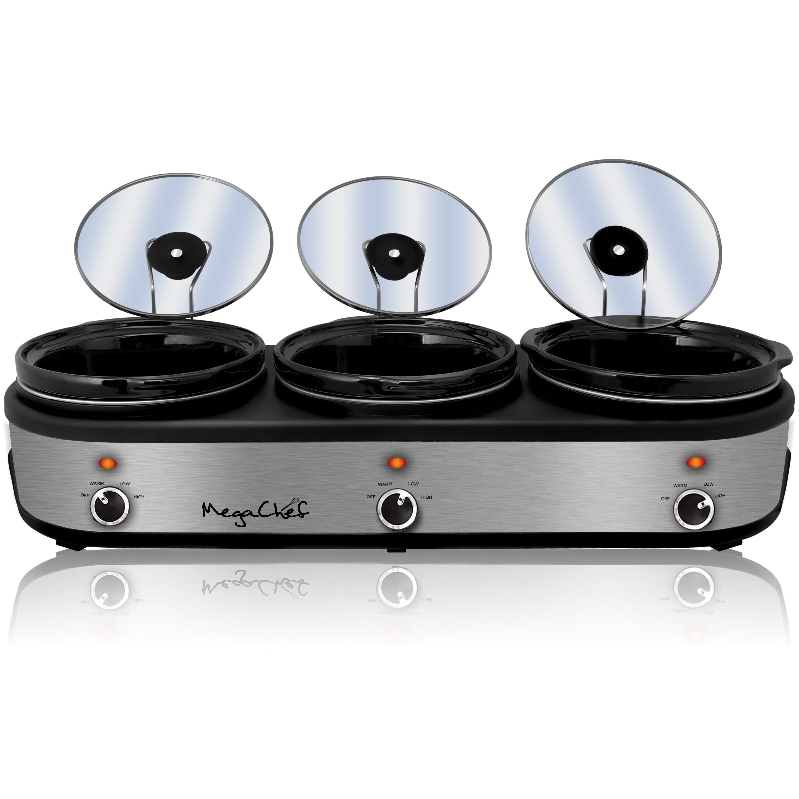MegaChef 970109458M Triple 2.5 Quart Slow Cooker and Buffet Server in Brushed Silver and Black Finish