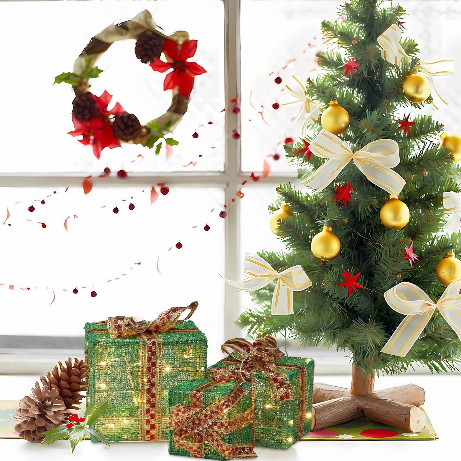 GCP Products 3Pcs Christmas Lighted Gift Boxes Decorations Holiday Party Home Yard Green