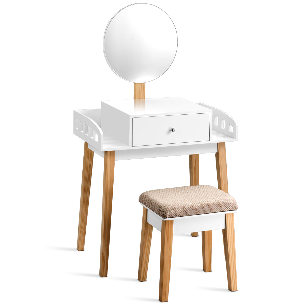 Topbuy Wooden Vanity Makeup Dressing Table Round Mirror Cushioned Stool with 1 Drawer