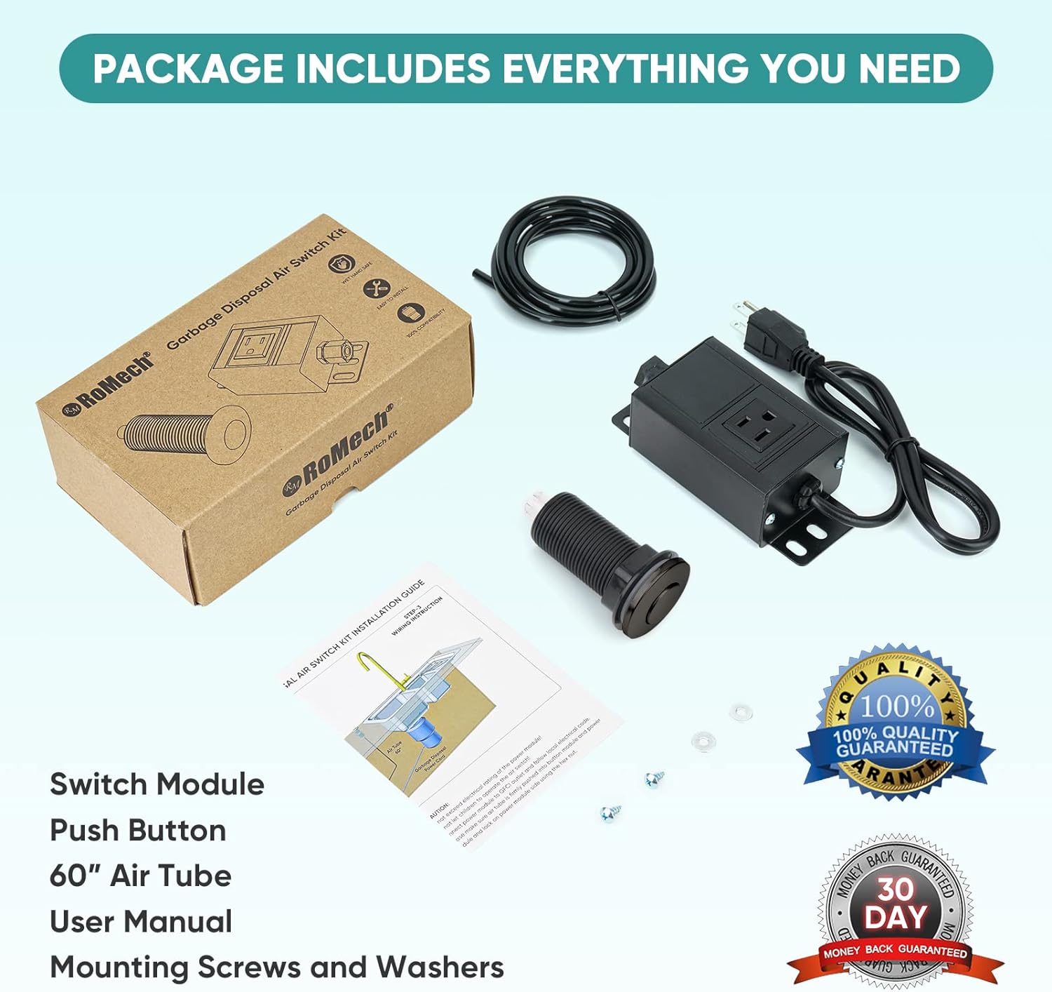 RoMech Garbage Disposal Air Switch Kit, Sink Top Air Push Button for Waste Disposer, Safe for Wet Hands Food and Waste Disposals up to