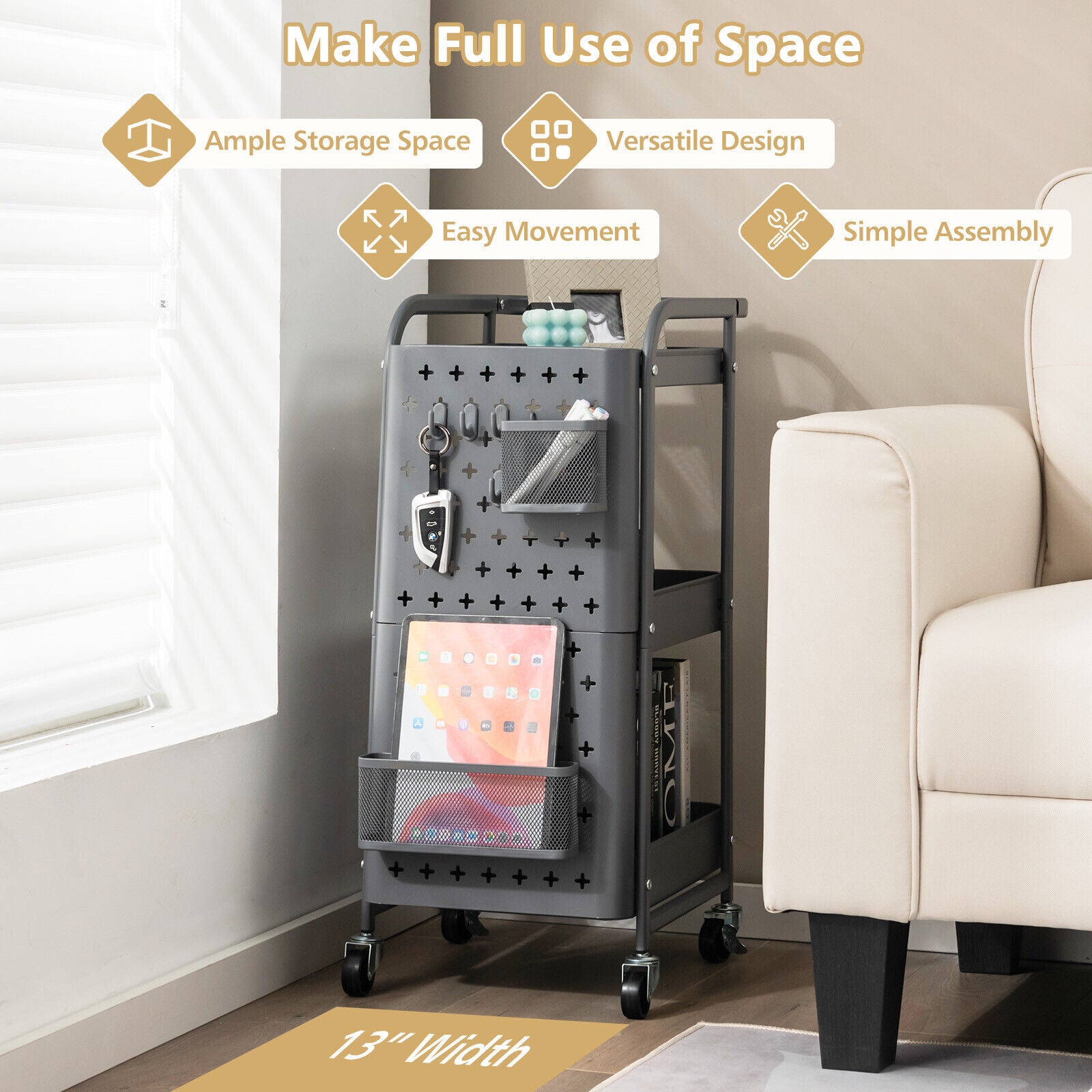 Great Choice Products 3-Tier Rolling Cart Utility Cart W/ Space-Saving &a; Tiered Design &a;Diy Pegboards