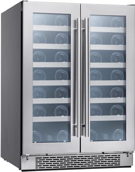 Zephyr PRW24C32BG Stainless SteelDual Zone French Door Wine Cooler  21 bottles Capacity Each Side  6 Full-Extension Black Wood Racks