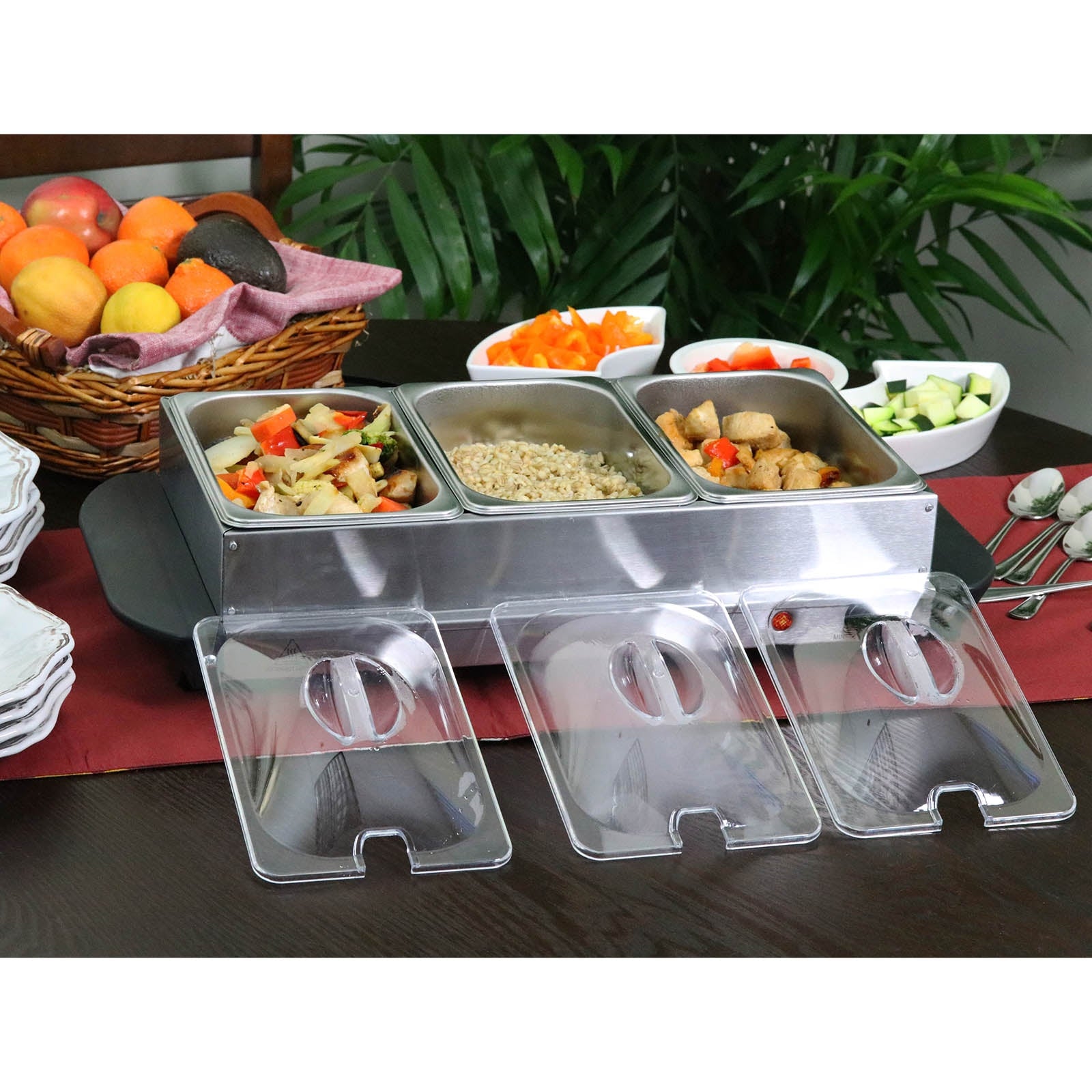 MegaChef 970103786M Buffet Server &a; Food Warmer With 3 Removable Sectional Trays , Heated Warming Tray and Removable Tray Frame