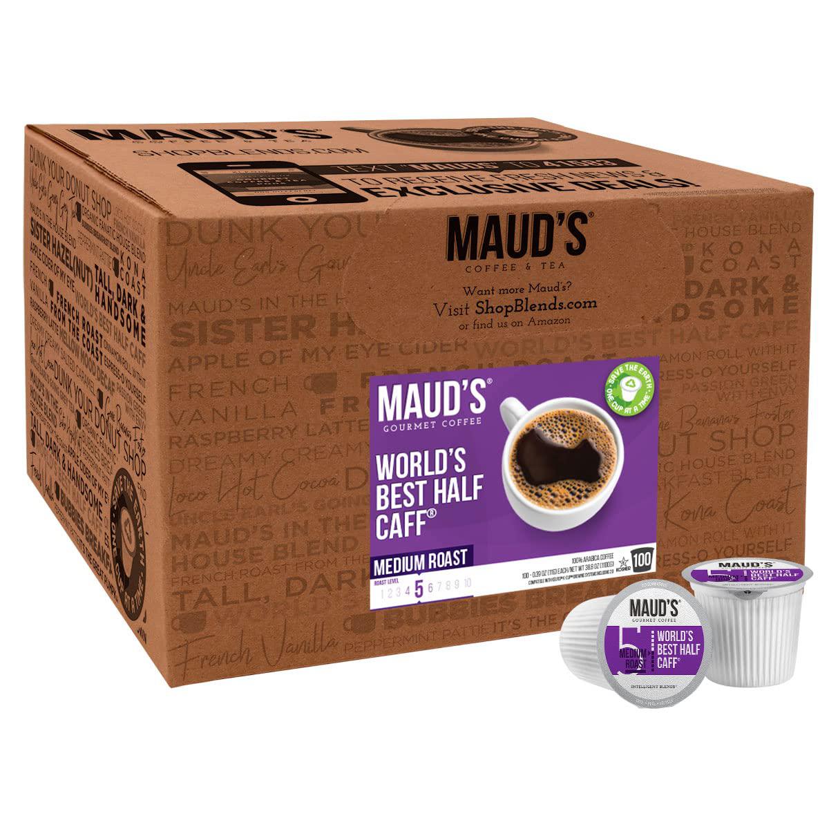 MAUD\&s;S maud&s;s half caff coffee (world&s;s best half caff), 100ct. solar energy produced recyclable single serve medium roast coffee po