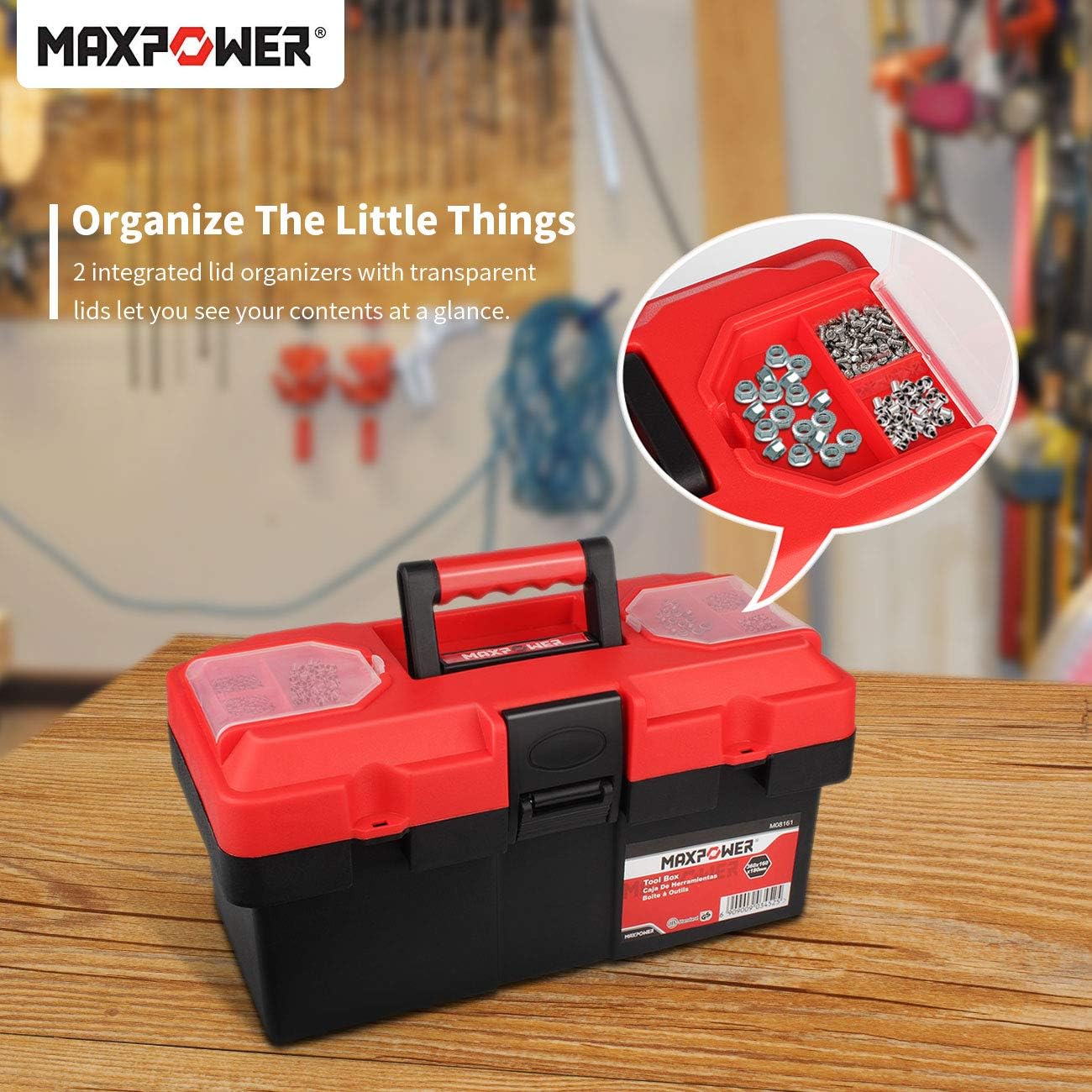 Maxpower Tool Box 14-inch Plastic Small Tool Boxes with Removable Tray with Dual Lock Secured, Red