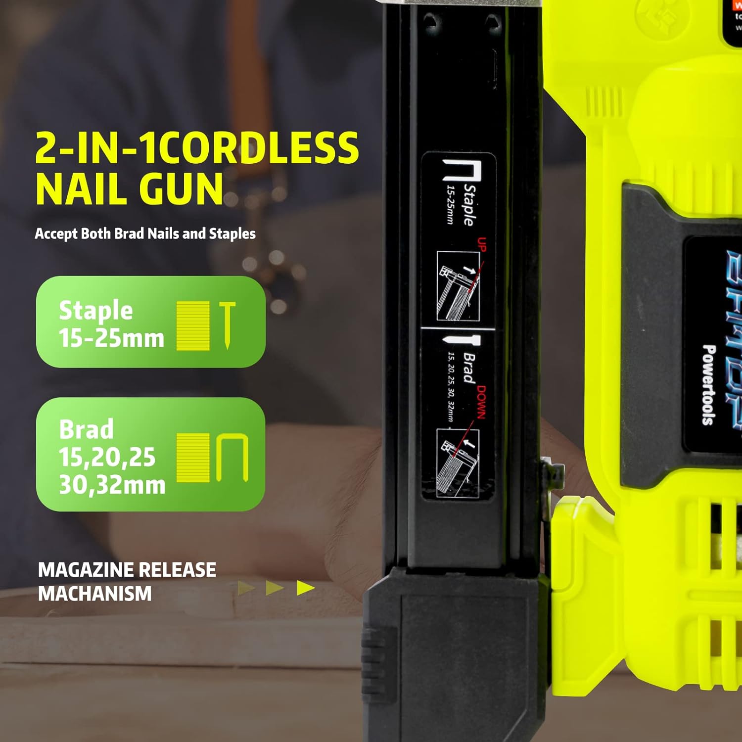 BHTOP 20V Cordless Brad Nailer&a;#239;&a;#188;&a;#134;Stapler, 18 Gauge 2 in 1 Stapler Kit, Heavy Finish Nail Gun with 2.0A Rec