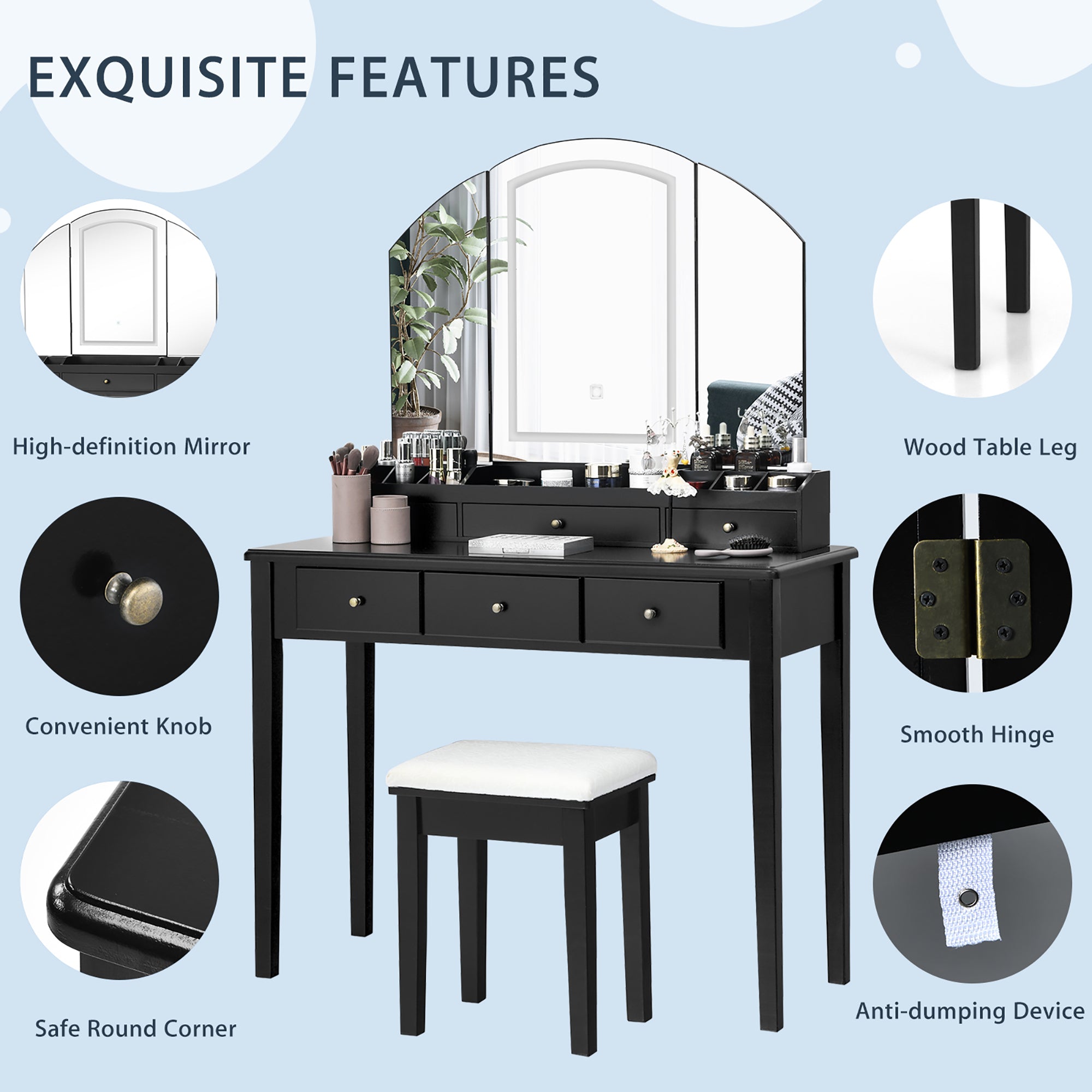 Costway Vanity Table Stool Set Large Tri-folding Lighted Mirror 6 Drawer Dresser White\Black