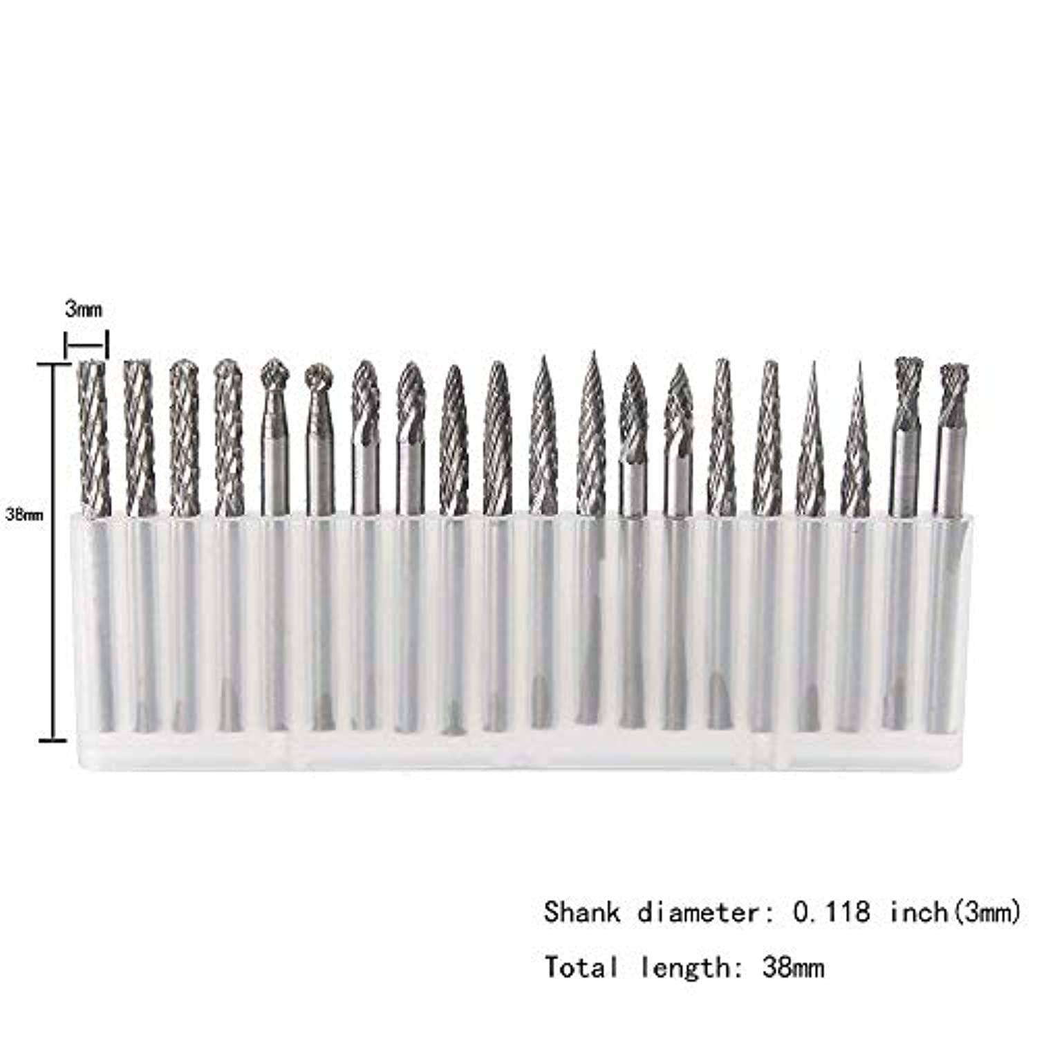yufutol 20pcs solid carbide burr set 0.118???3mm?shank tungsten carbide rotary files burrs with 3mm cutting head diameter fit