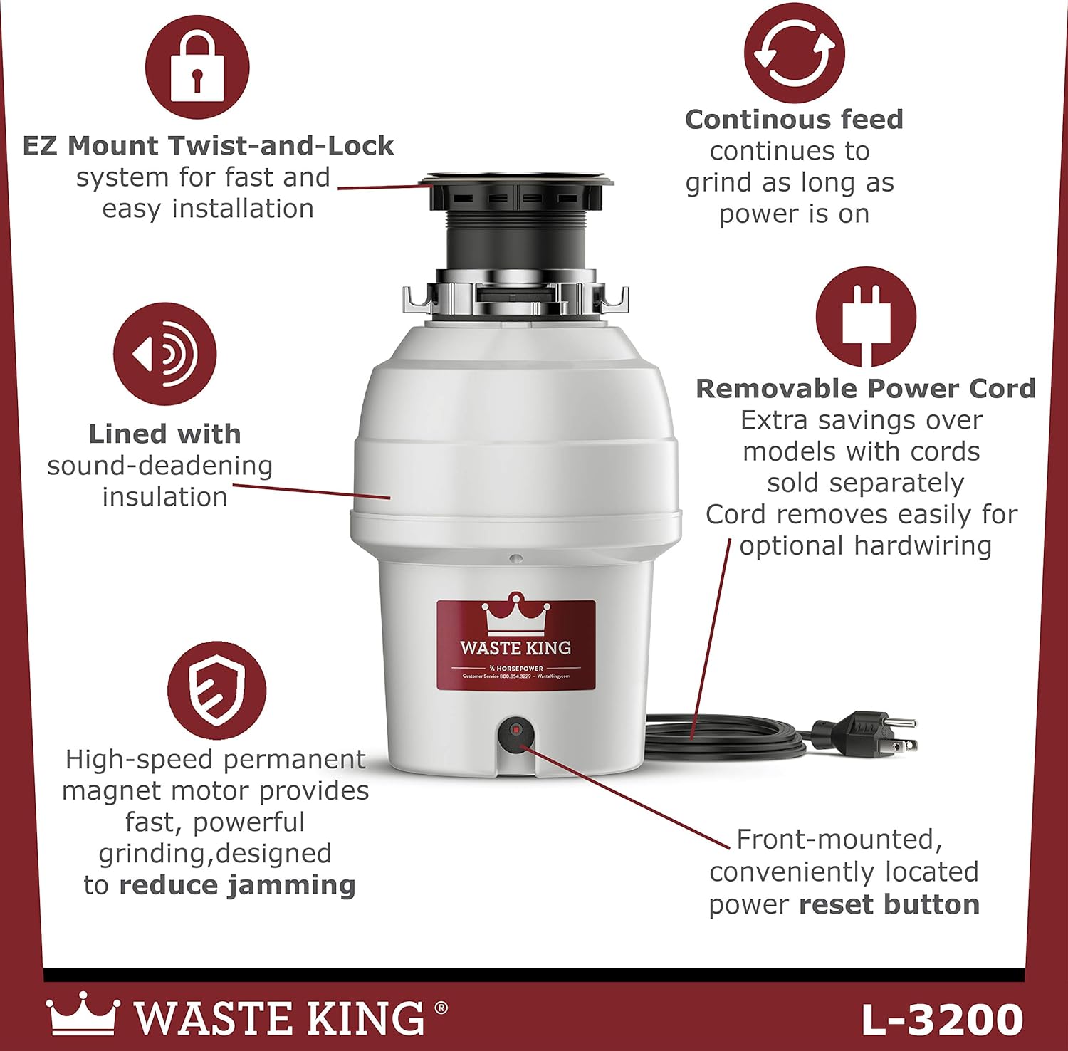 Waste King L-3200 Garbage Disposal with Power Cord, 3/4 HP , Gray