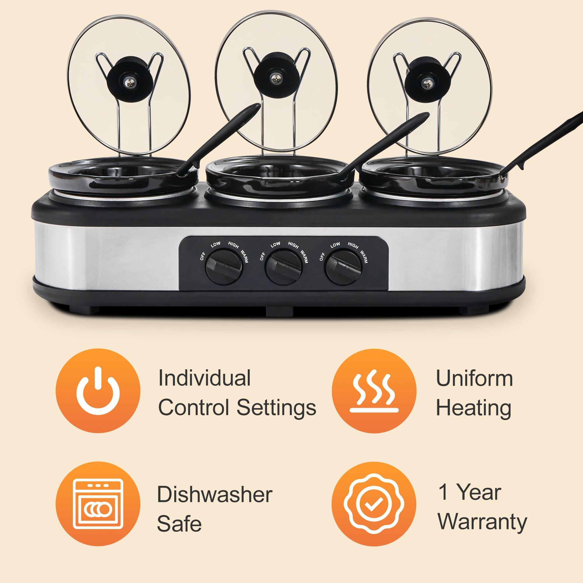 kiss the water triple slow cooker, buffet server food warmer, 3 * 1.5qt slow cooker with ceramic pot, 3 modes adjustable temp, dishwasher sa
