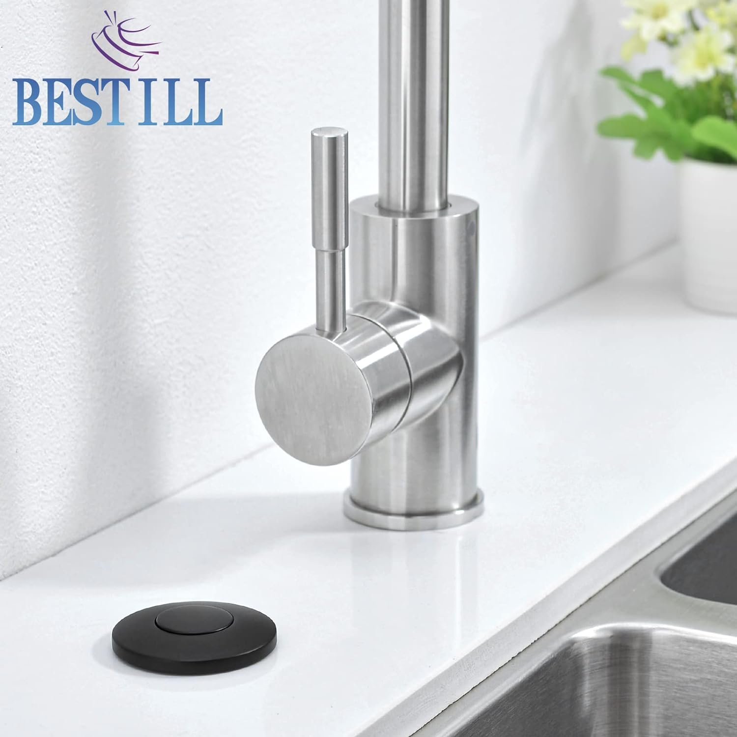 BeStill Garbage Disposal Air Switch, Matte Black Sink Top On/Off Switch for Food Waste Disposer, Full Stainless Steel Push Button