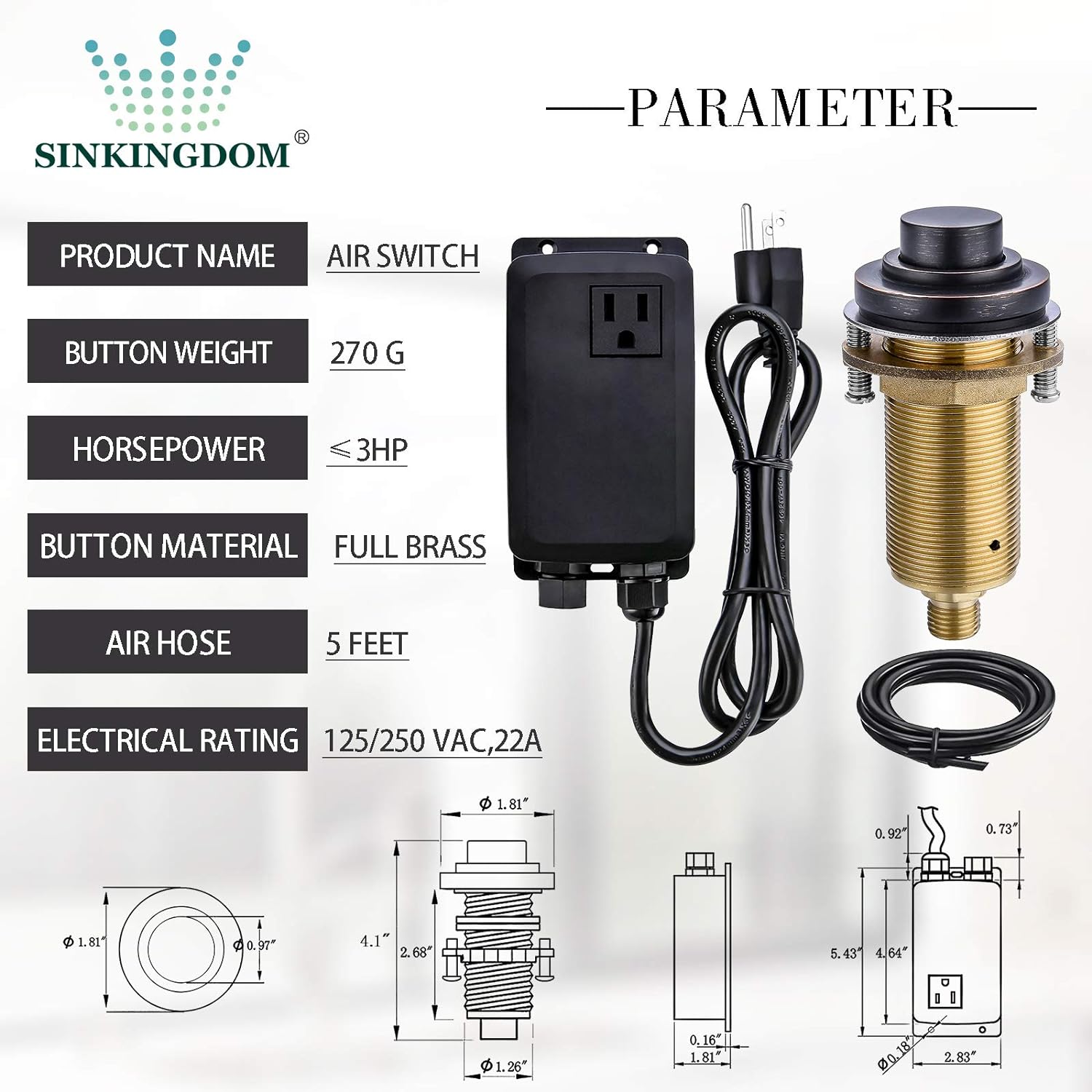 SINKINGDOM SinkTop Air Switch Kit with Oil Rubbed Bronze Long Button (Full Brass) for Garbage Disposal, Single Outlet